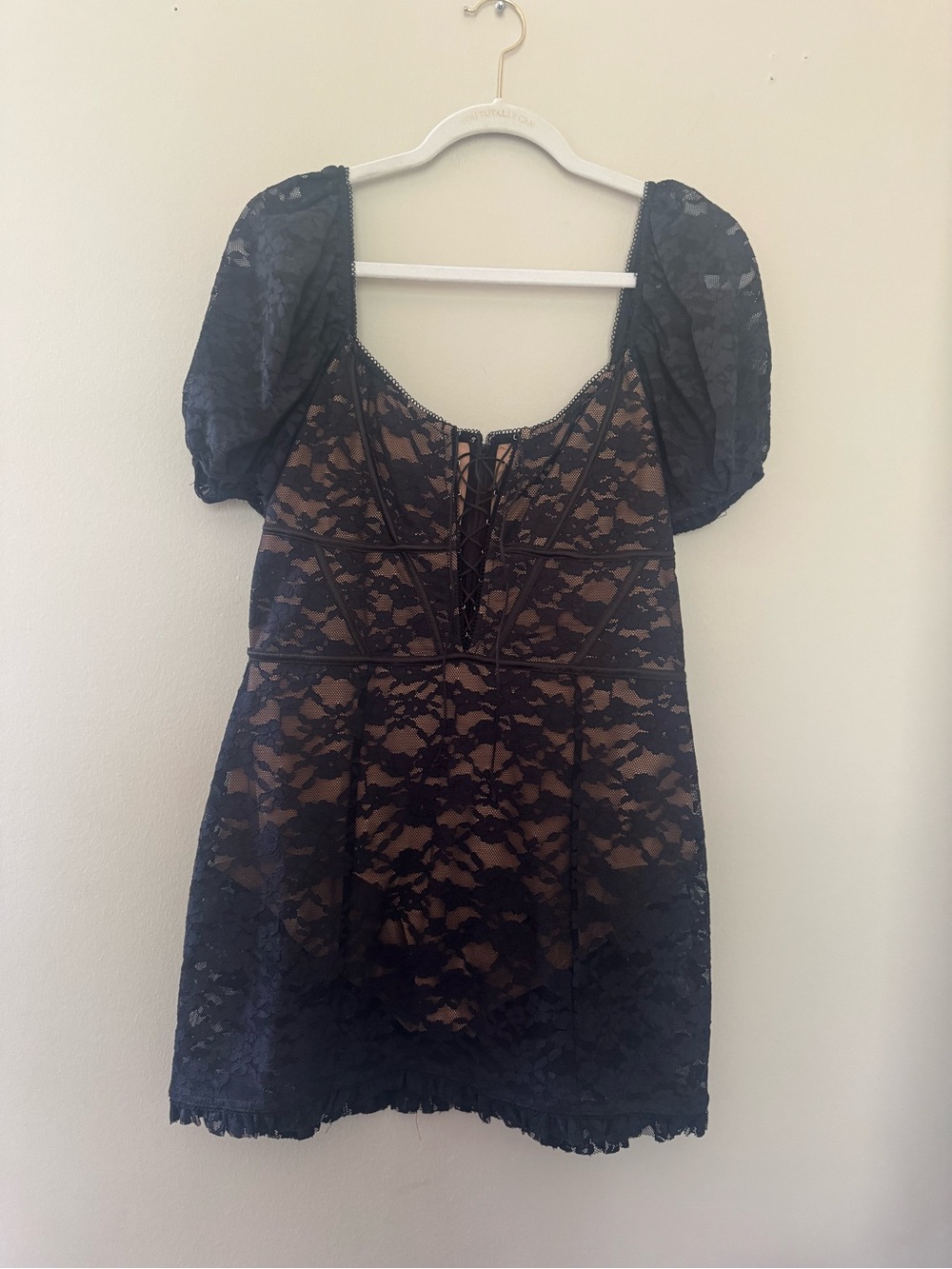 For Love & Lemons Black Lace Mini Dress with Nude Lining